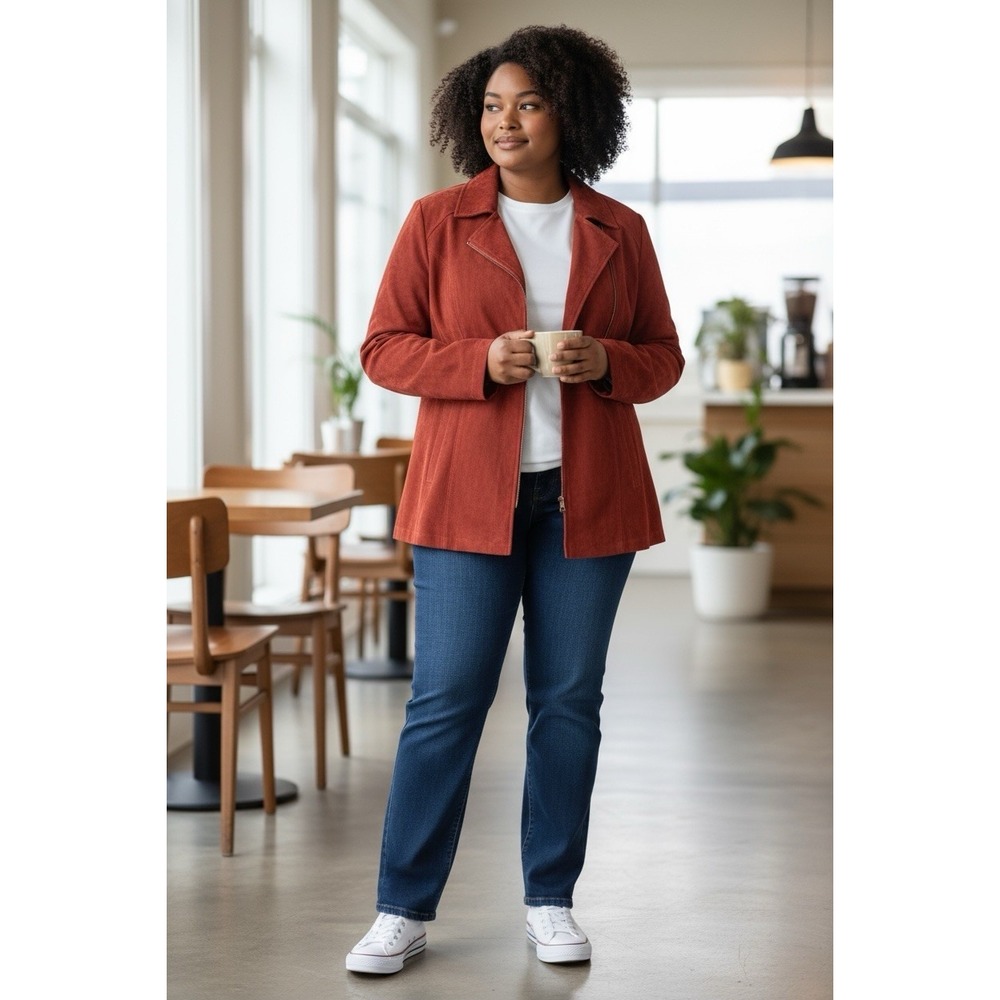 Cherokee Women's Suede Leather Burgundy Red Zipper Jacket Size 18W - Minor Flaws